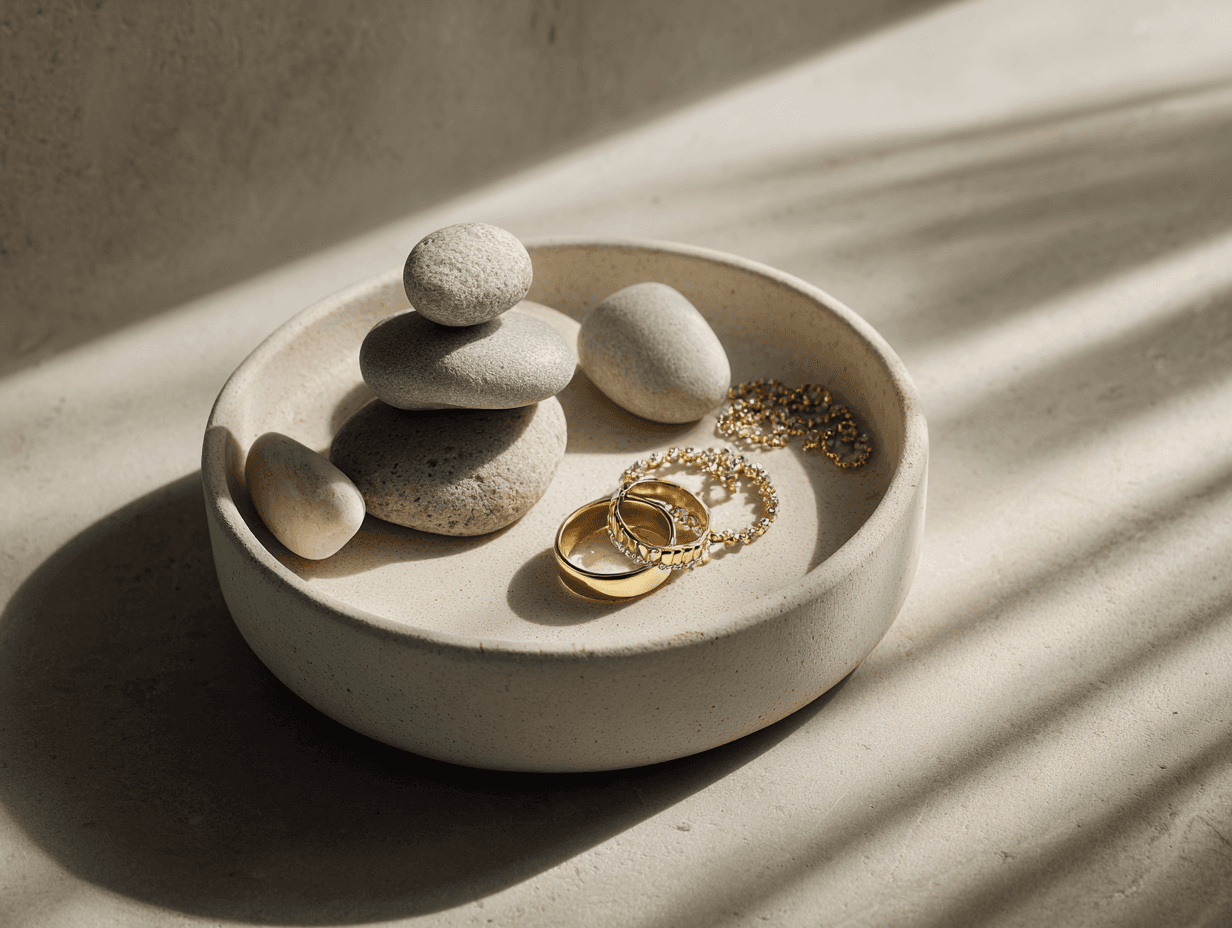 Elegant jewelry displayed on minimalist ceramic dish
